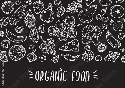 Organic food sketch doodles . Whimsical food doodles, Hand drawn vector illustration for menu, packaging design. Food quirky icons, simple sketch style. Top view. Chalkboard style