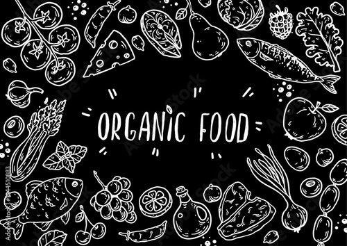 Organic food sketch doodles . Whimsical food doodles, Hand drawn vector illustration for menu, packaging design. Food quirky icons, simple sketch style. Top view. Chalkboard style