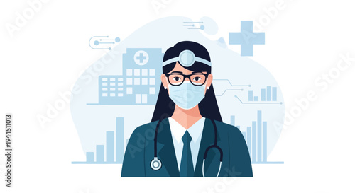 Dedicated Female Doctor in Mask with Stethoscope & Head Mirror - Healthcare Professional Flat Illustration
