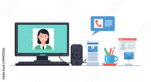 Virtual Meeting, Online Communication, and Remote Work Setup with Digital Office Tools and Customer Support Icons.