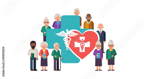 Diverse Seniors Group with Medical Cross and Heart: Comprehensive Healthcare & Wellness for the Elderly Population