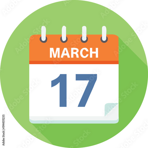 March 17 Calendar Page Showing Date and Month Flat Design Icon with Shadow