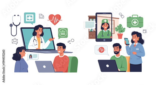 Telemedicine and Telehealth Services: Virtual Doctor Consultations, Online Medical Care, Digital Health Platforms, and Remote Patient Support Illustration