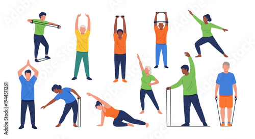 Diverse Group Exercising with Resistance Bands. Men and Women of Different Ages and Ethnicities Performing Various Fitness Workouts for Health and Wellness.