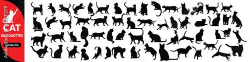 Black cat silhouettes vector illustration, diverse feline poses artwork, decorative animal icons, playful pet design elements, artistic nature inspired graphics, creative feline motif