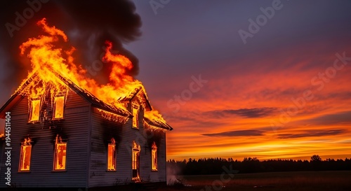 Dramatic image of a building engulfed in flames at sunset, with smoke billowing upwards