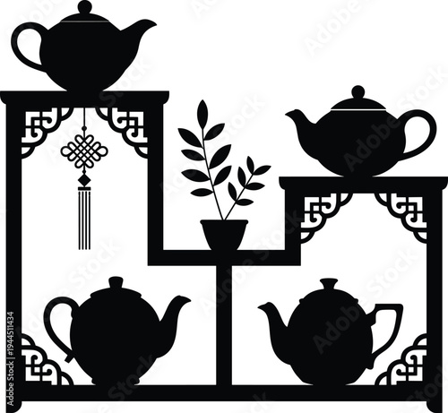 Collection of decorative shelf silhouettes featuring Asian design elements, ornate brackets, tassel ornament, teapots, and potted plant for cultural, tea ceremony, and interior themes.