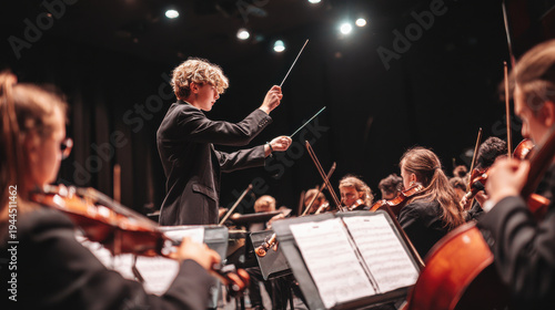 Orchestra conductor music performance concert violin cello youth baton stage focused youth conductor leads string orchestra stage during concert performance, expressive gesture guiding violin