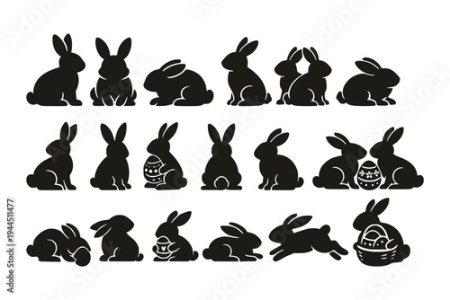 Collection of black bunny silhouettes in various playful poses, some holding Easter eggs, on a white background, symbolizing Easter celebration