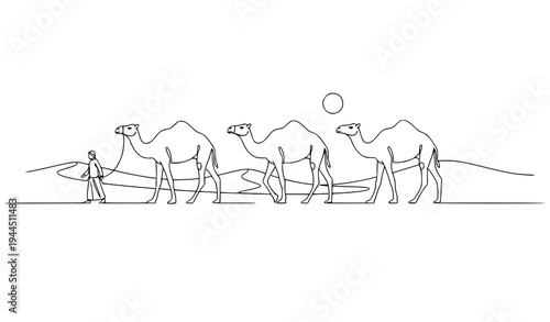 Continuous Line Drawing – Caravan of Camels with Rider Vector Illustration