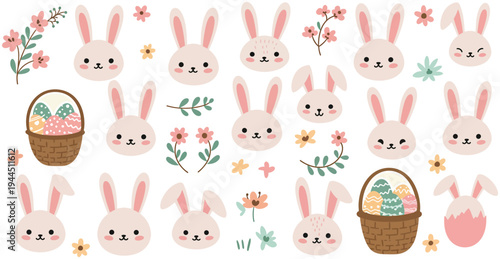 Cute cartoon Easter bunny with eggs illustration set featuring a seamless spring pattern and a fun animal character design for holiday wallpaper or card art