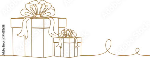 Minimalist, Golden, Line, Art, Illustration, of, Two, Gift, Boxes, with, Bows, on, White, Background, Continuous, Single, Drawing, Style, Elegant, Vector
