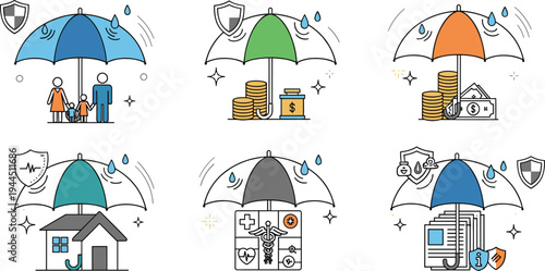 Insurance protection concept icons with umbrella covering family money house health and business safety vector illustration set