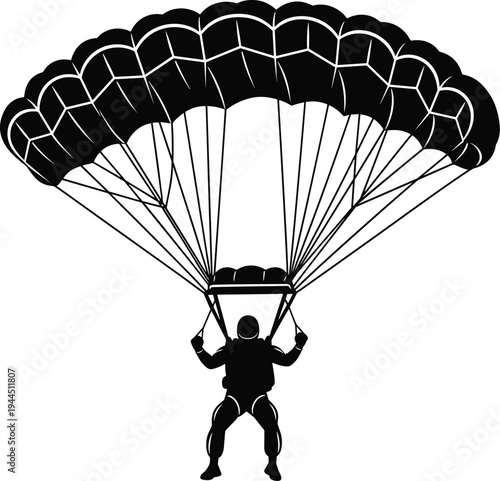 A high-quality black vector silhouette of a skydiver descending with an open parachute canopy, perfect for extreme sports, adventure, and freedom concepts.