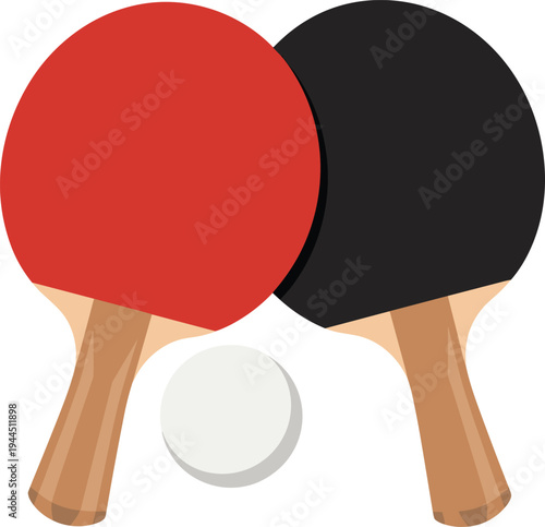 Table tennis paddle illustration, red and black ping pong rackets with ball, sport equipment icon, flat vector design isolated