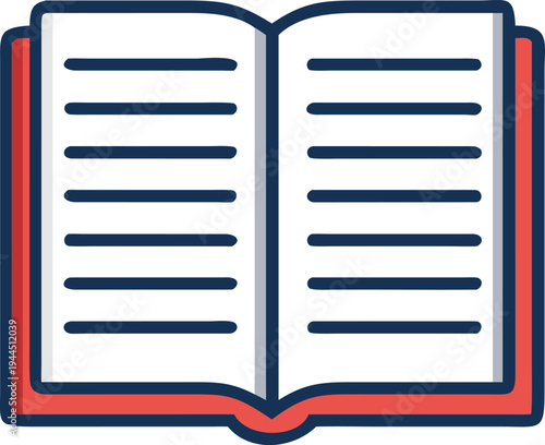 Open Book with Lined Pages Red Cover Minimalist Design Isolated on White Illustration