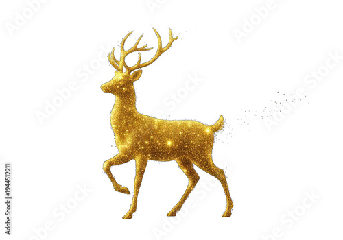 Golden glitter reindeer statue walking isolated on transparent background