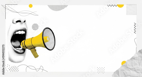 Modern graphic illustration featuring a mouth shouting into a vibrant yellow megaphone, ideal for urgent announcements and marketing