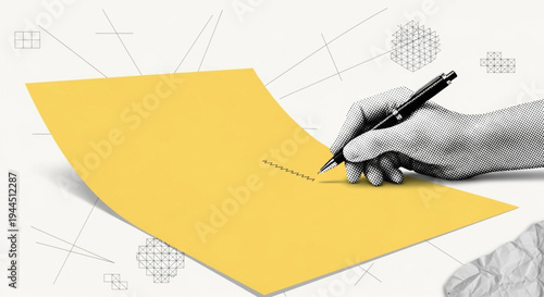 Dynamic Visual of a Hand Writing with a Pen on a Bright Yellow Paper, Highlighting the Essence of Creative Work and Information Capture