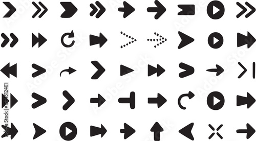 Extensive Collection of Versatile Black Arrow Icons for Modern Digital Interfaces and Graphic Design Projects