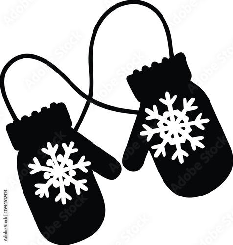 Pair of Black Mittens with Snowflakes Connected by String Winter Gear