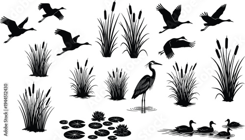 Wetland Wildlife Silhouette Collection with Flying Birds Heron Ducks Reed Grass and Water Lily Isolated Nature Elements Vector Illustration Set