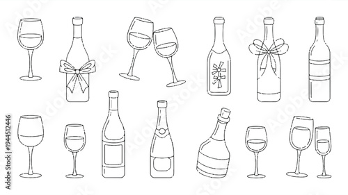 An illustration showcases various wine and champagne bottles with glasses arranged horizontally.