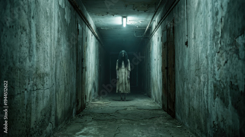 Scary ghost woman standing alone inside dark abandoned hallway looking creepy and eerie radiating an intensely terrifying emotion with shadowy horror figure blocking empty dirty corridor