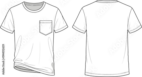 Fashion technical sketch of men's crew neck t-shirt with front chest pocket and back view cad drawing flat vector illustration flavector