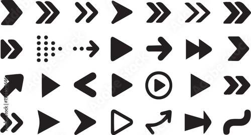 Collection of assorted black directional arrows on a white background