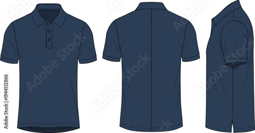 Fashion technical sketch of men's navy blue polo shirt with front back and side views cad drawing flat vector illustration flavector