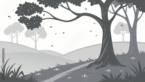 Grayscale vector illustration of a peaceful forest landscape with falling leaves and rolling hills