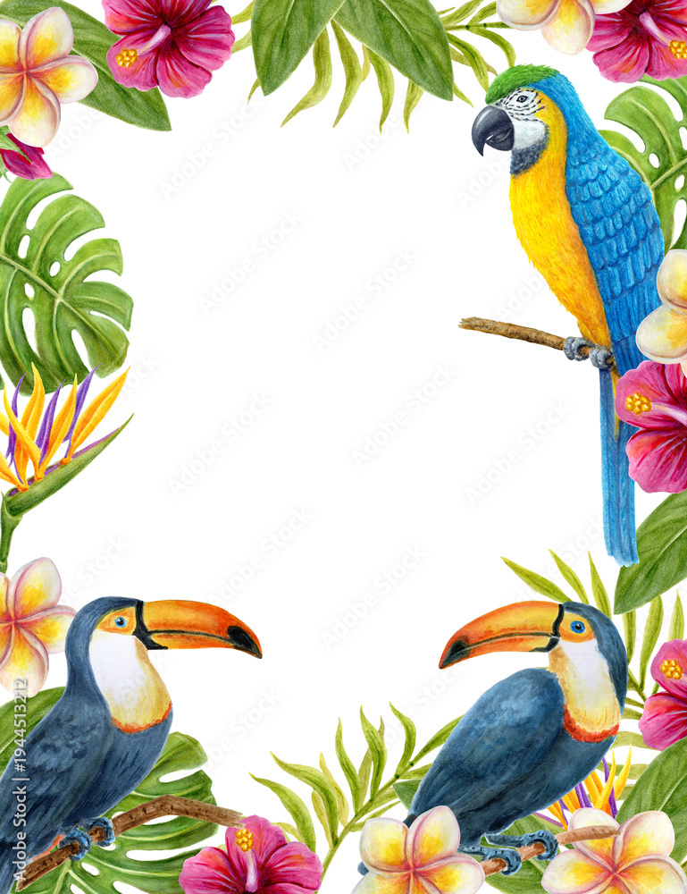 Fototapeta premium Tropical flowers frame with toucan and parrot. Floral tropics ornament. Watercolor painting with pink Hibiscus rose flowers and palm leaves. Tropic summer composition.