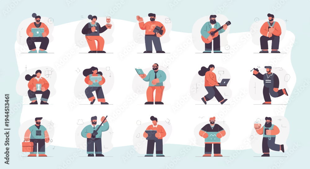 Fototapeta premium Diverse people engaged in various activities like working, reading, playing music, and using devices