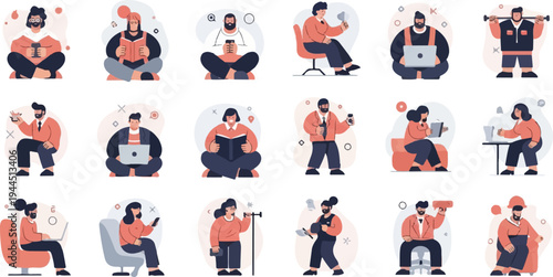 Diverse individuals engaged in various activities like reading, working on laptops, and using smartphones