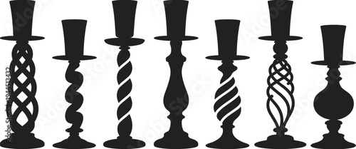 Black silhouettes of artistic candlesticks with twisted, spiral, braided, and lattice designs, showcasing ornamental craftsmanship, decorative style, and creative illustration