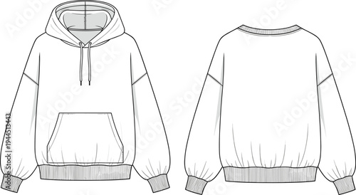 Fashion technical sketch of women's oversized hoodie with kangaroo pocket and drop shoulder cad drawing flat vector illustration flavector