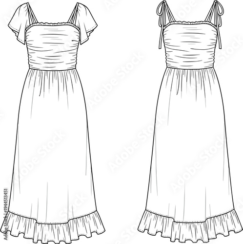 Fashion technical sketch of women's smocked maxi dress with ruffle hem and flutter sleeves cad drawing flat vector illustration flavector