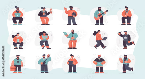 Diverse people engaged in various activities like working, reading, playing music, and using devices