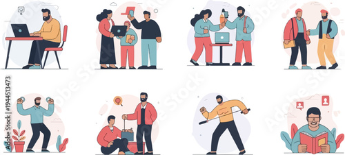 Diverse people engaged in various modern activities, like working and socializing