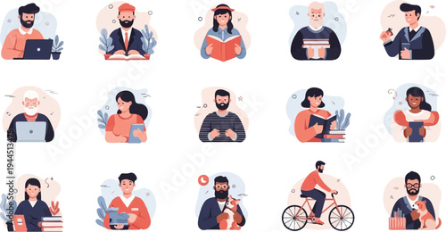 Diverse people engaged in various daily activities like working, reading, and cycling