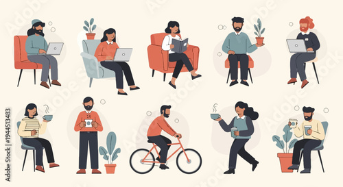Diverse people enjoying leisure activities, working, and relaxing