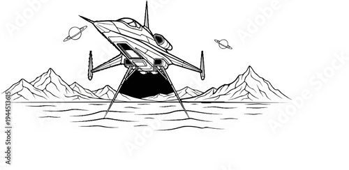 Futuristic spacecraft descends onto alien terrain with ringed planets above