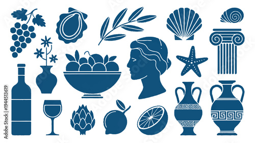 A collection of various food and drink items with decorative objects and a woman's head in a single shade of blue