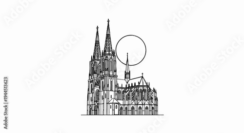 Gothic cathedral drawing with celestial circle above spires
