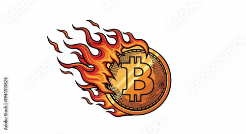 Golden coin with symbol engulfed in dynamic orange and red flames