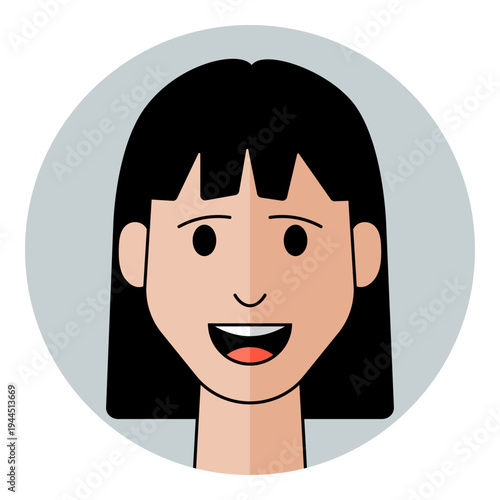 Woman face avatar with open mouth and joyful expression in flat style. Female character portrait for talking social media, personal account.