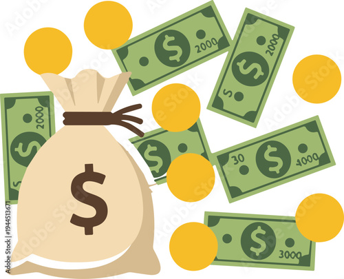 money bag with dollar bills and coins illustration, financial wealth savings investment concept, cash profit business finance icon isolated
