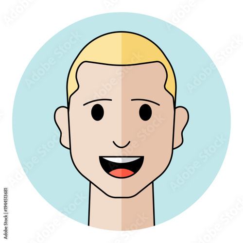 Man face avatar with open mouth and joyful expression in flat style. Male character portrait for talking social media, personal account.