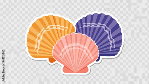 Three colorful stylized scallops arranged in a cluster